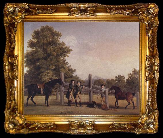 framed  George Stubbs The Third Duke of Portand and his Brother,Lord Edward Bentinck,with Two Horses at a Leaping Bar, ta009-2